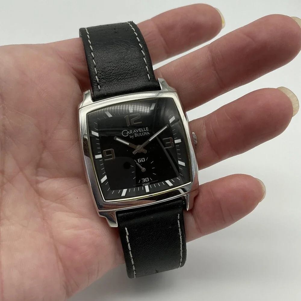 Caravelle By Bulova Mens Square Watch 36mm Black Dial Black Leather New Battery